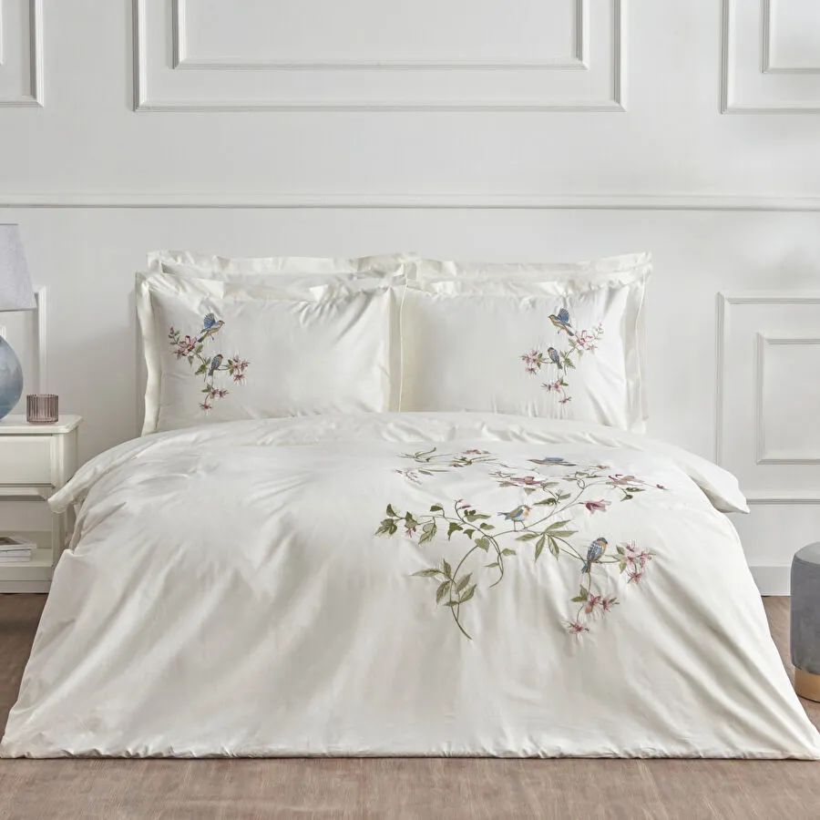 CAROLINE WHITE 100% PMK DOUBLE EMBROIDERED DUVET COVER SET