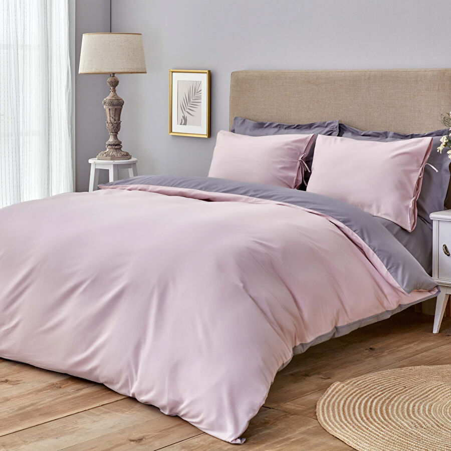 Karaca Home Basic رمادي غامق-زهرة قرفة مجموعة أغطية سرير مزدوجة ذات جانبين لشخص واحد