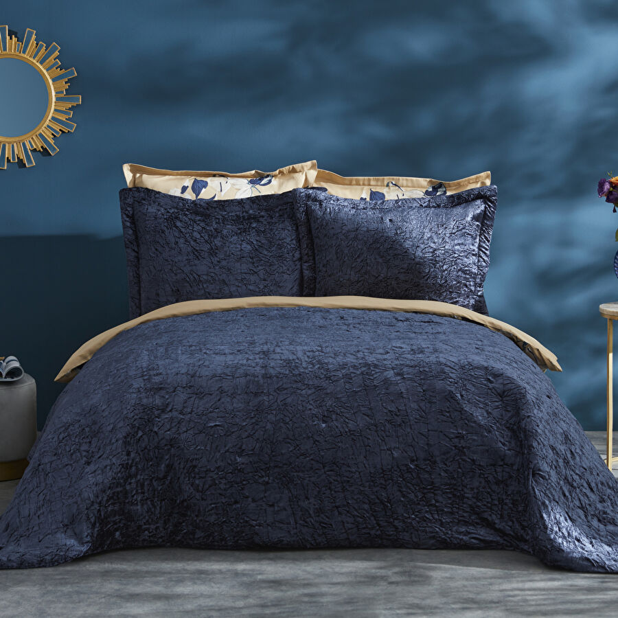 NELDA NAVY BLUE DOUBLE KS VELVET BED COVER