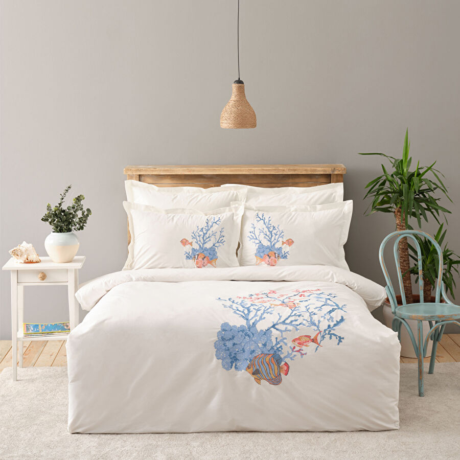 RUBY WHITE 100% PMK DOUBLE EMBROIDERED DUVET COVER SET