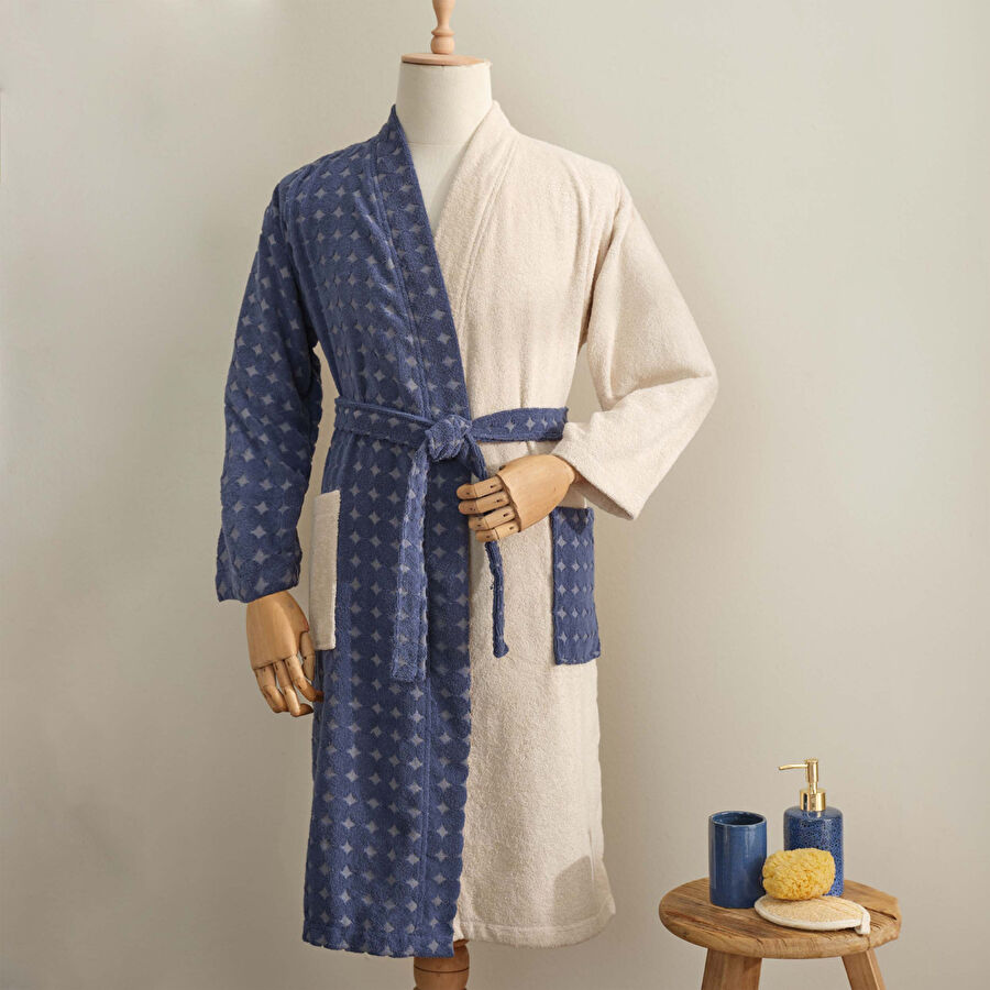 YOUNG AUDRA NAVY BLUE BEIGE 100% COTTON S/M BATHROBE