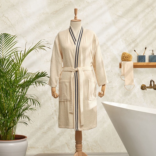 [200.21.01.0409] MINKA OFFWHITE/DARK BLUE SONIL 100% COTTON BATHROBE S/M