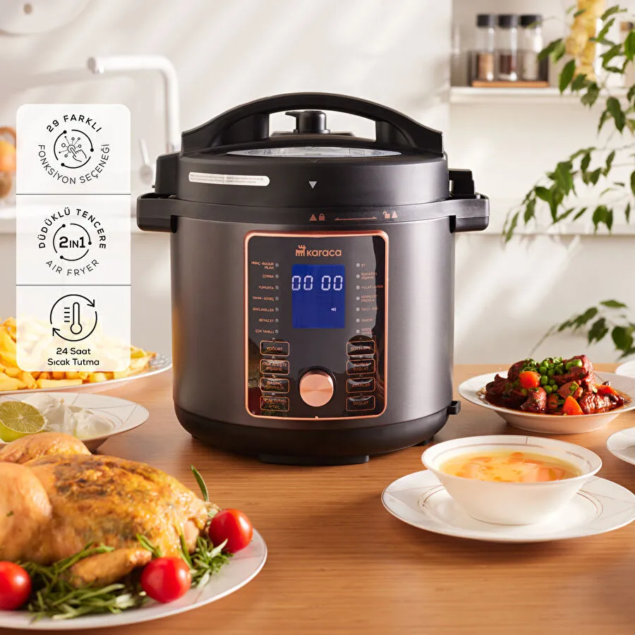 Karaca Cooker 2 in 1 متعدد الأغراض طباخ ضغط ذكي كهربائي مع غطاء ضغط وAirfryer باللون الأسود المطفأ 6 لتر