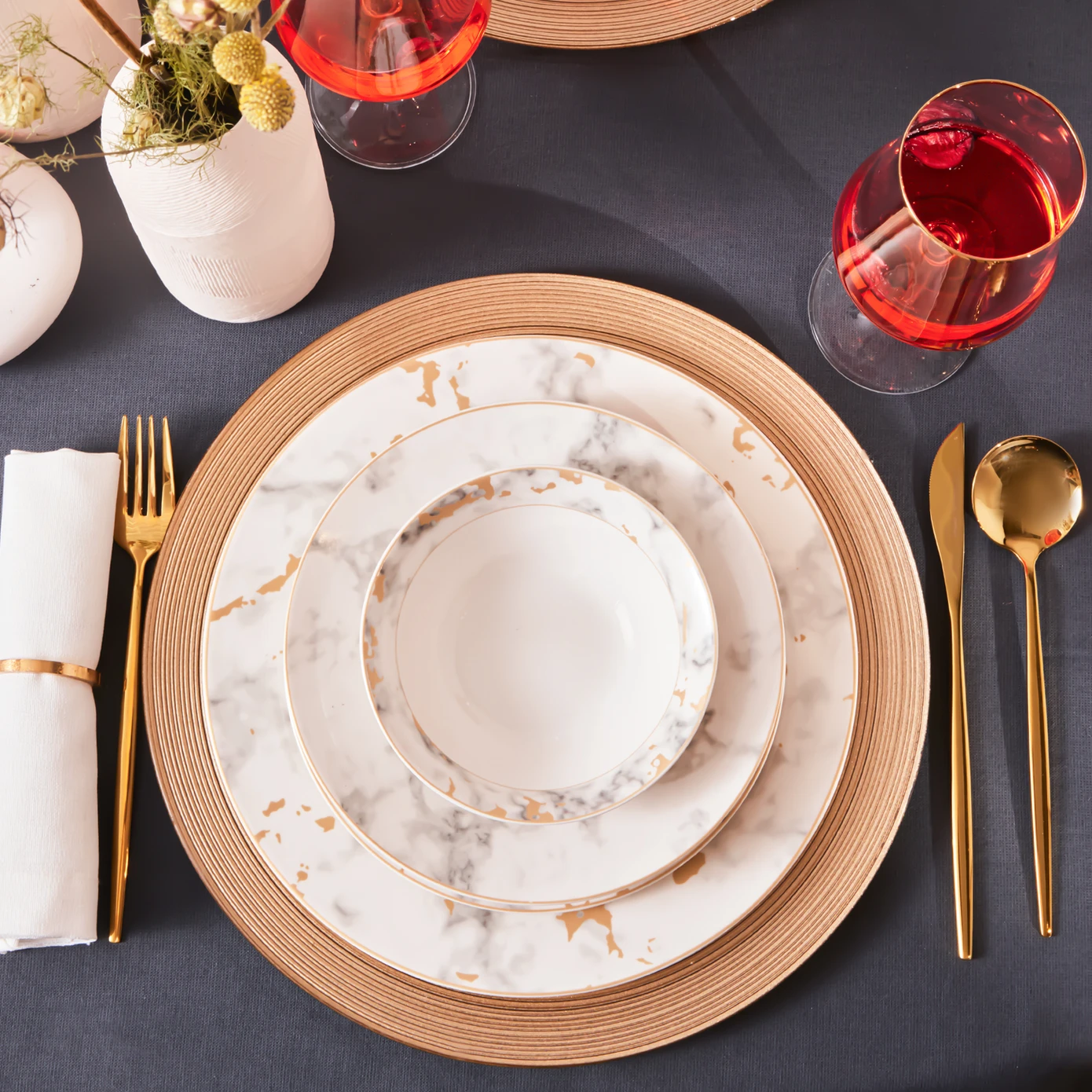 KARACA MARBLE 24 PIECES PORCELAIN DINNER SET FOR 6 PEOPLE