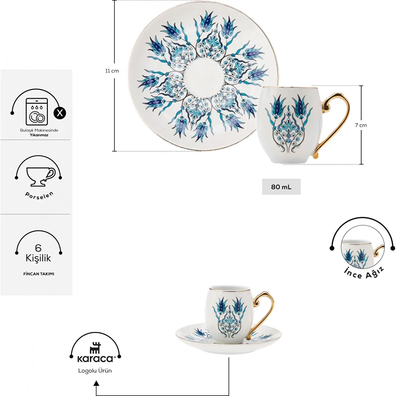 KARACA İZNİK 6 KİŞİLİK KAHVE FİNCA, MAVİ