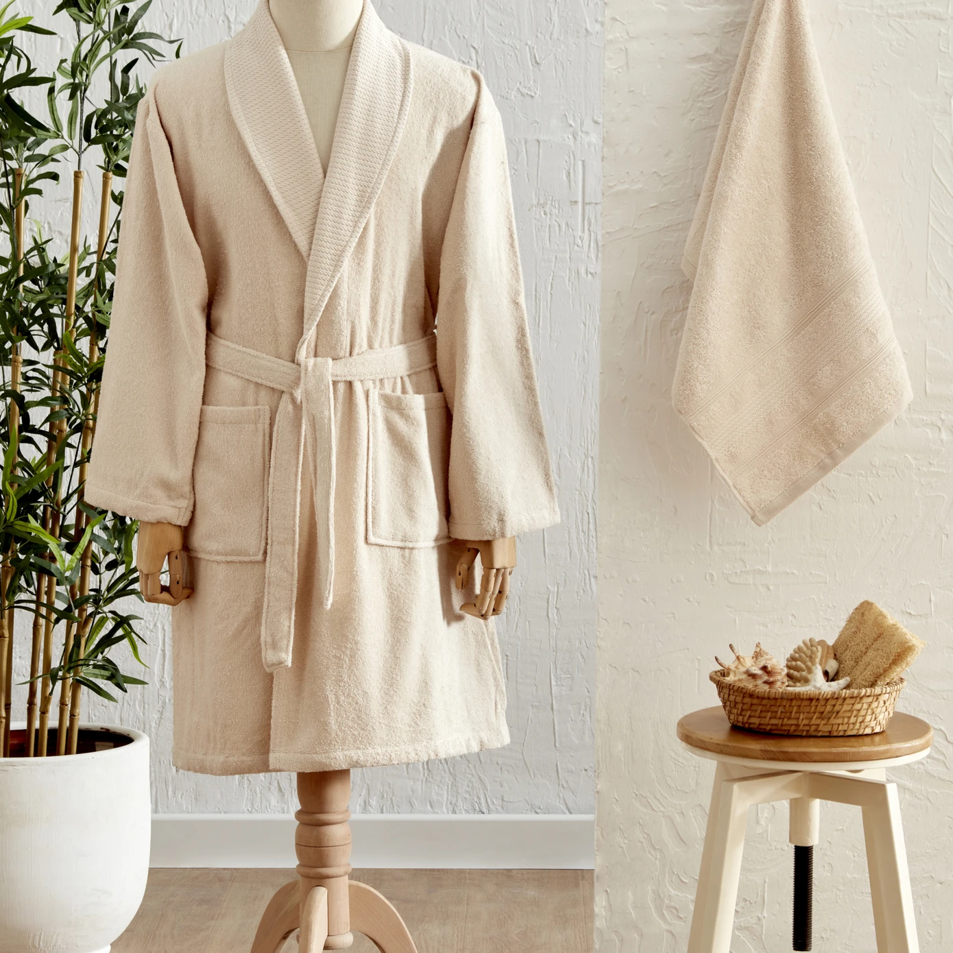 KH MARION BEIGE 100% COTTON BATHROBE SET S/M