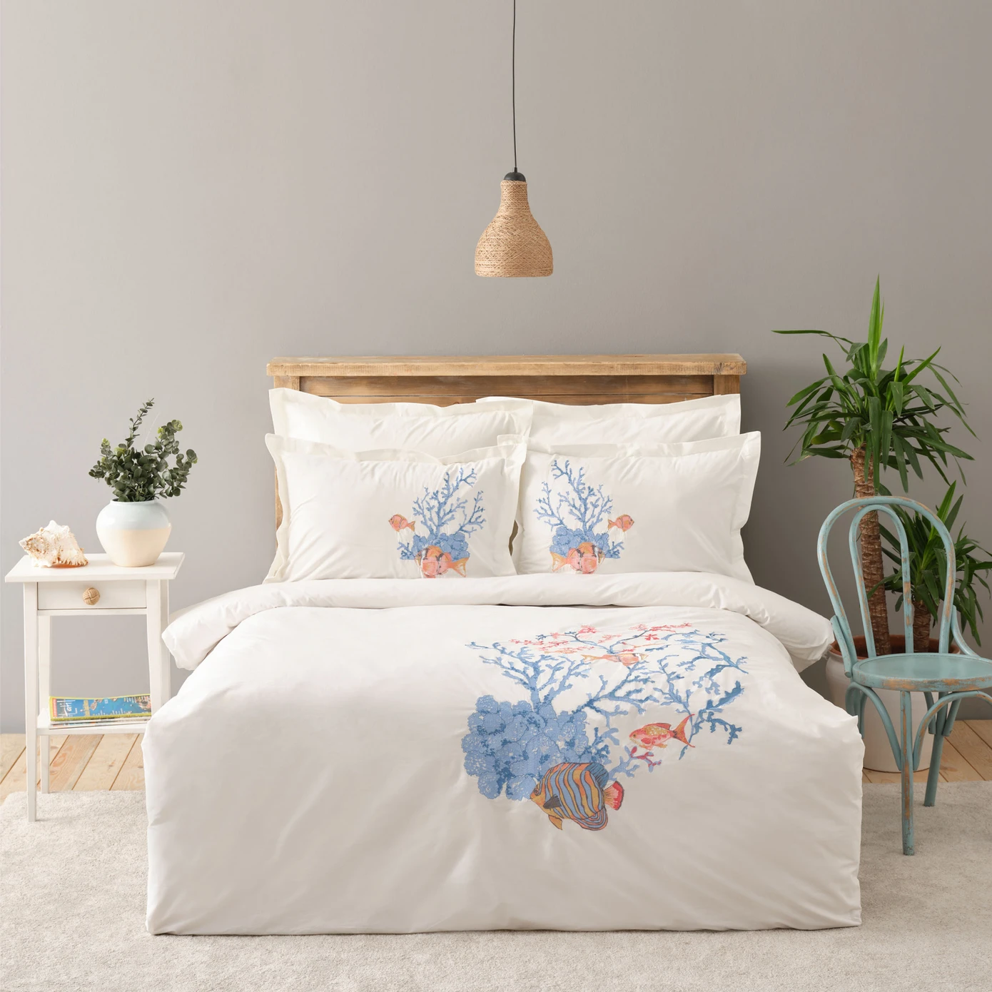 RUBY WHITE 100% PMK DOUBLE EMBROIDERED DUVET COVER SET