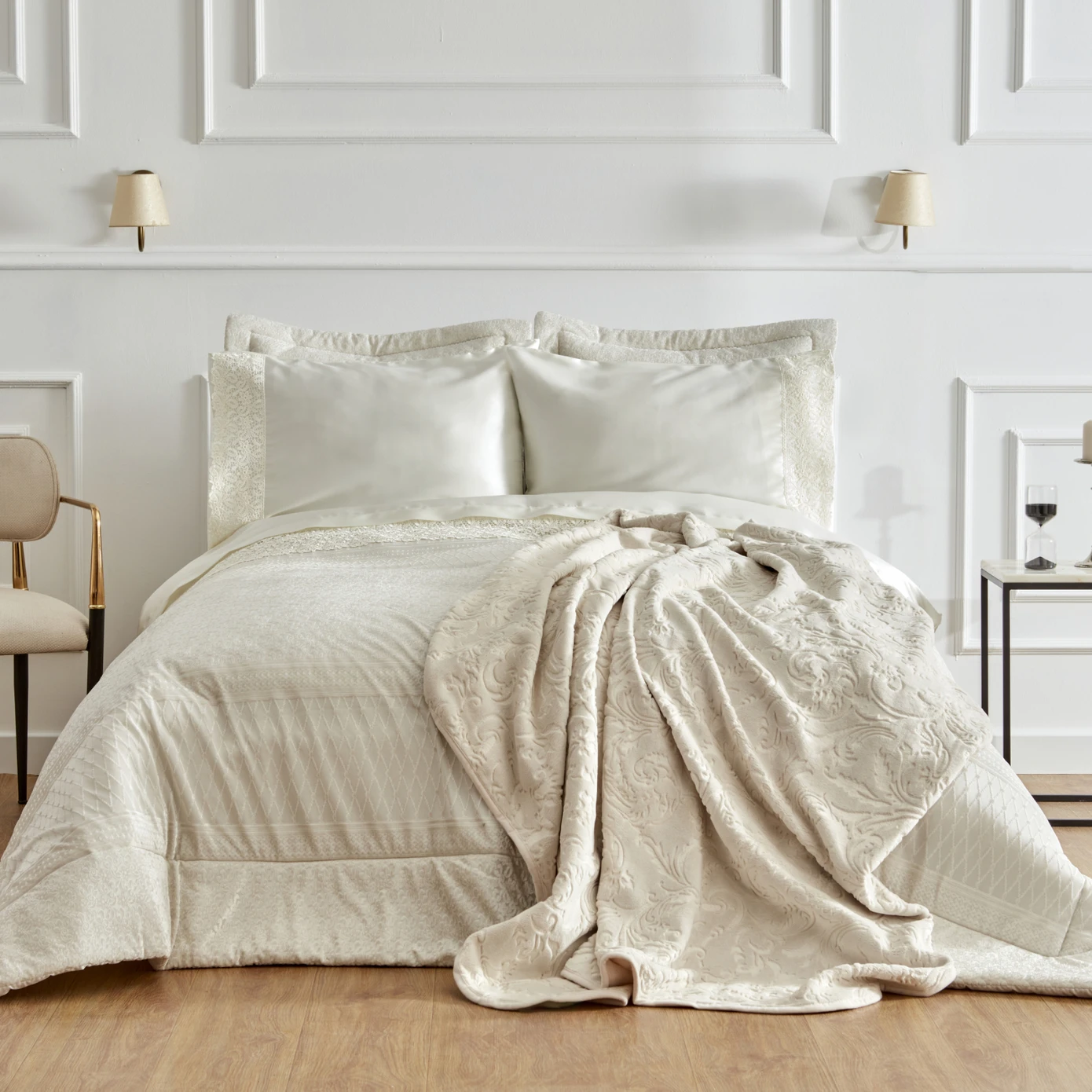 [200.22.14.0197] ANITA ECRU SATIN 8 PIECE DOUBLE SET