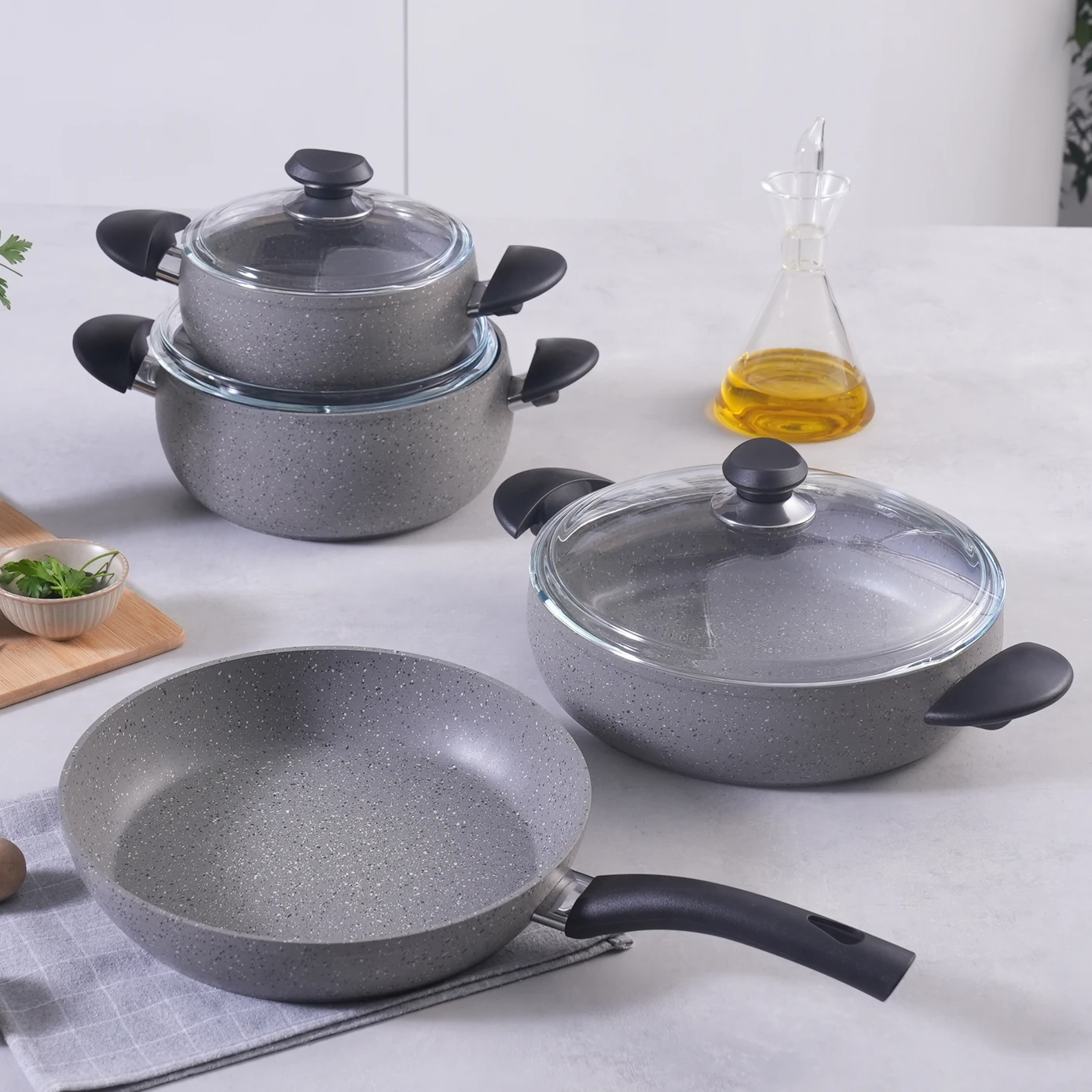 [153.09.01.5143] KARACA BIOGRANITE AVANOS 7 PIECE COOKWARE SET-GRAY