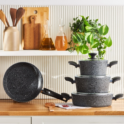 [153.09.01.1640] KARACA BIOGRANITE GRAY ROCK 7 PIECE COOKWARE SET