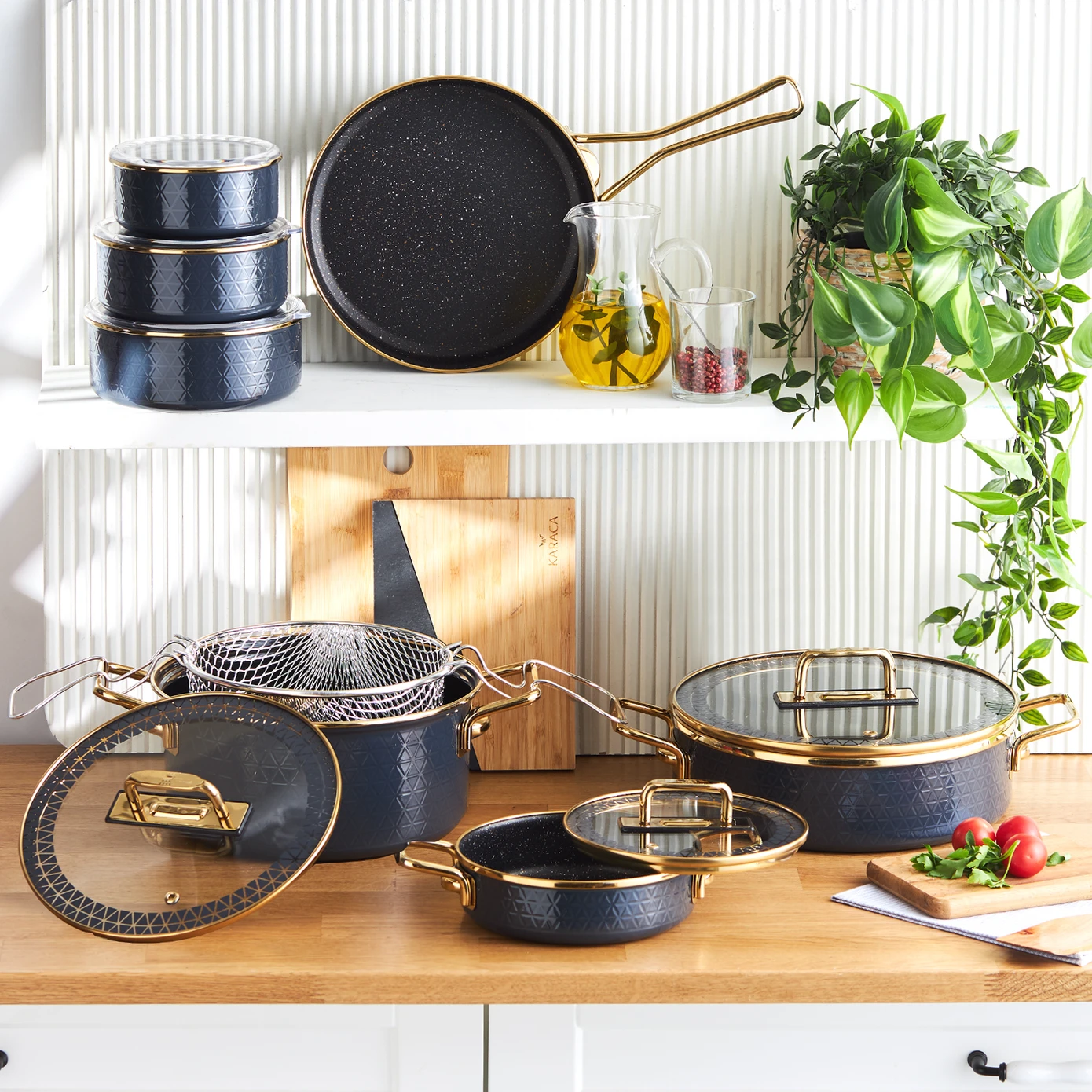 [153.09.01.4504] KARACA CRYSTAL ENAMEL GRANITE ANTHRACITE IND 14 PIECES DOWRY SET