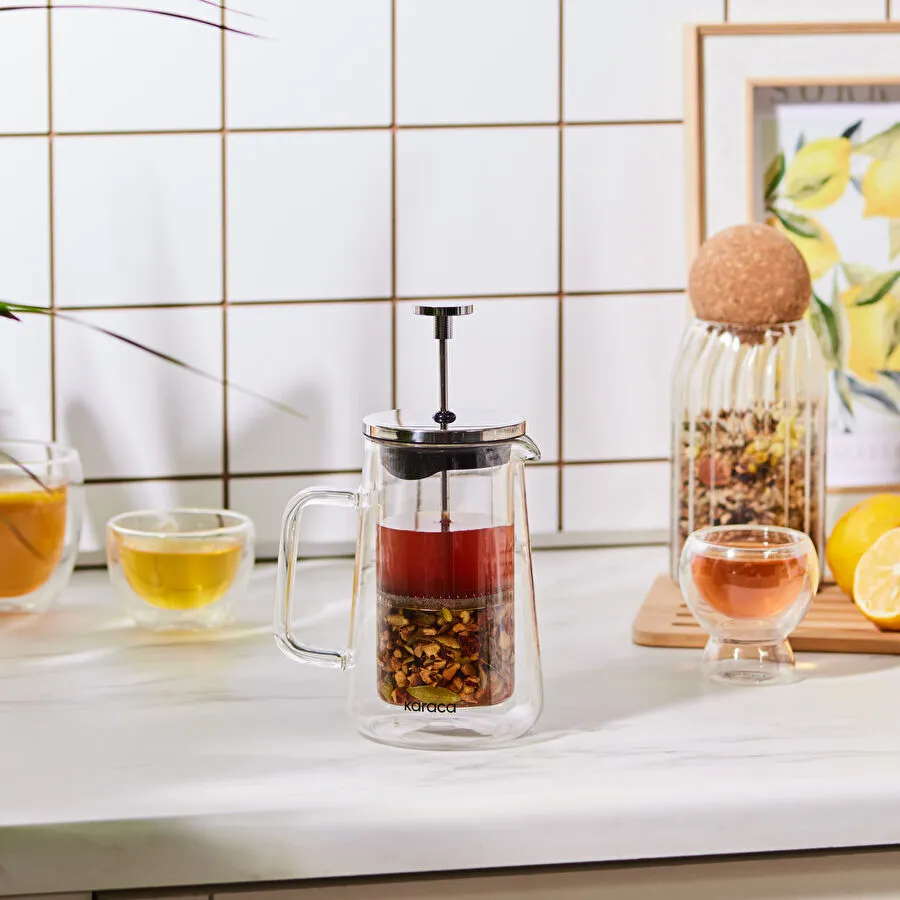[153.03.08.2393] Karaca Pia Konik Çift Cidarlı Borosilikat Cam French Press 350 ml Metalik