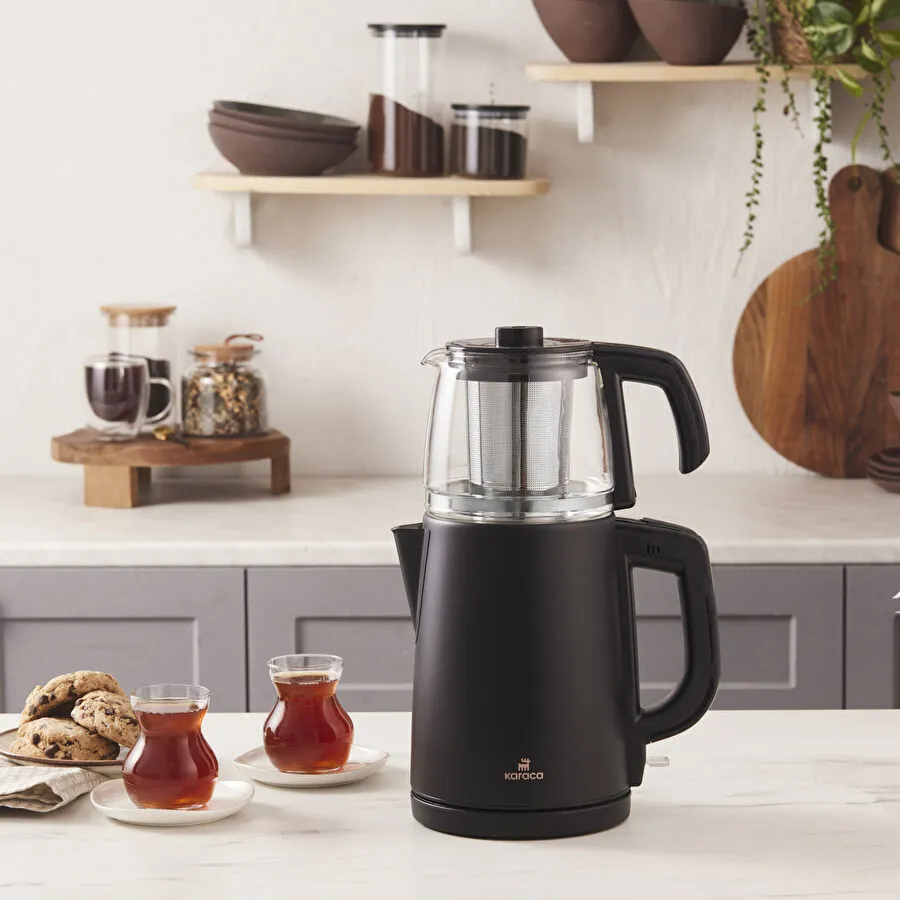 [153.03.08.3621] Karaca Tea Glass 2 in 1 آلة شاي فولاذية و Kettle Mat أسود