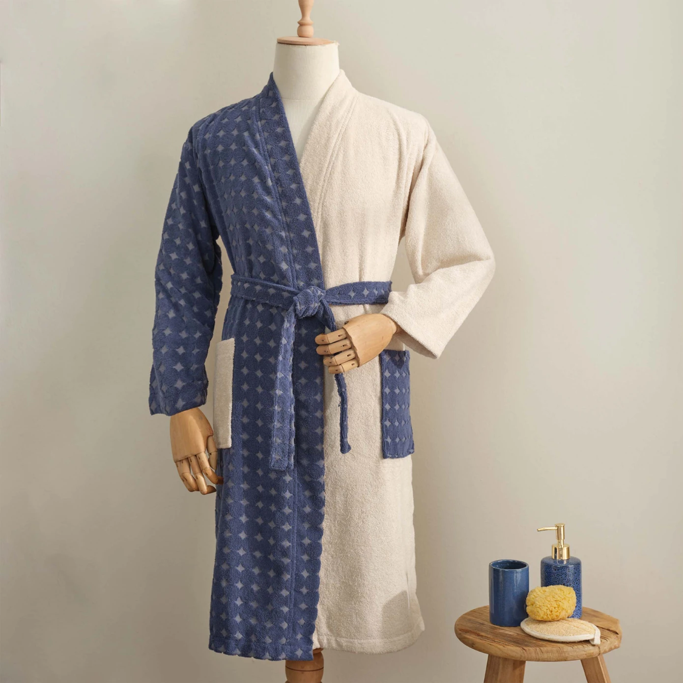 [200.21.01.0506] YOUNG AUDRA NAVY BLUE BEIGE 100% COTTON S/M BATHROBE